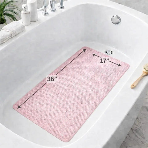 Straight Up Reliable Non Slip Bathtub Mat With Rock Solid Suction Cups Extra Large Bath Rug measuring 36 x 17 inches in a bathtub.