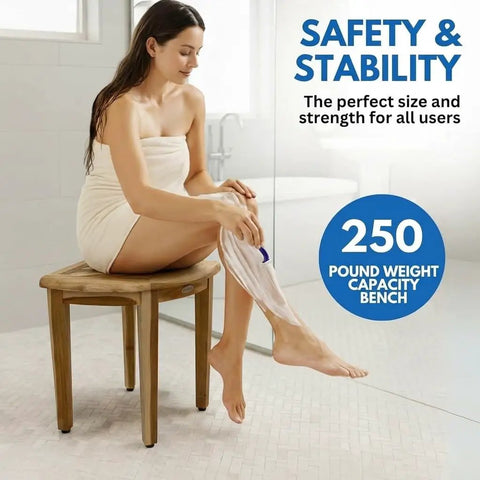 Woman using SnazzyCorner Waterproof Teak Shower Bench For Inside Shower Space Saving Corner Seat Stool with curved edge.