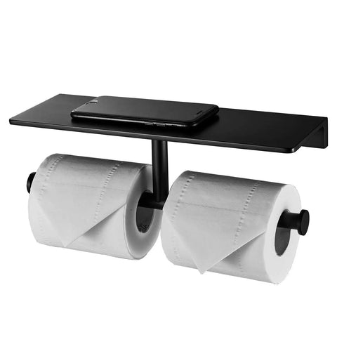 Double Roll Toilet Paper Holder With Shelf Matte Black Brass Finish, Hotel Style Tissue Dispenser, Solid Brass Chrome Surface