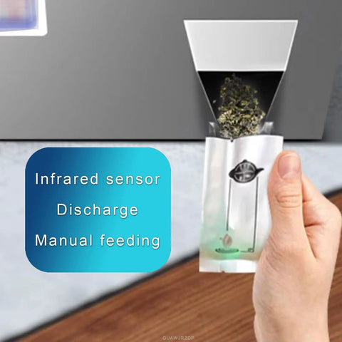 Rock Solid Automatic Powder Filling Machine With Heavy Duty Stainless Body And Smart Touch Screen Controller Delivers Spot On Weight Precision For Tea Leaves Coffee Beans Flour Seeds And Craft Supplies Packaging Tasks, showing manual feeding and infrared sensor.