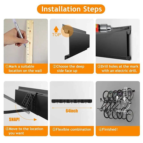 Installation steps for Six Bike Storage Rack With Five Hooks For Garage Wall Mount Vertical Bicycle Hanger Heavy Duty Space Saver Up To 600 Lbs 64 Inch Rails Snap On Rail System For Easy Adjustments