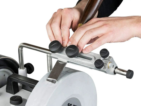Top Shelf Water Cooled Sharpening System For Keeping All Your Edges Slick And Fly On Every Woodworking Project Featuring smooth setup and hands adjusting sharpener.