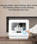 Pretty Slick Portable Automatic Countertop Dishwasher With Dual Overhead Spray Built In Water Tank And Air Dry Cycle showing 5 cleaning modes on control panel.