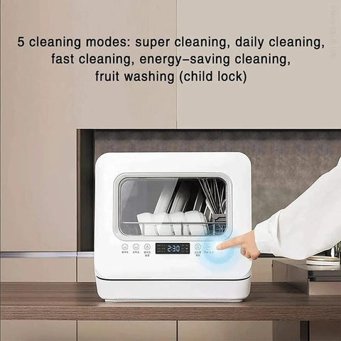 Pretty Slick Portable Automatic Countertop Dishwasher With Dual Overhead Spray Built In Water Tank And Air Dry Cycle showing 5 cleaning modes on control panel.