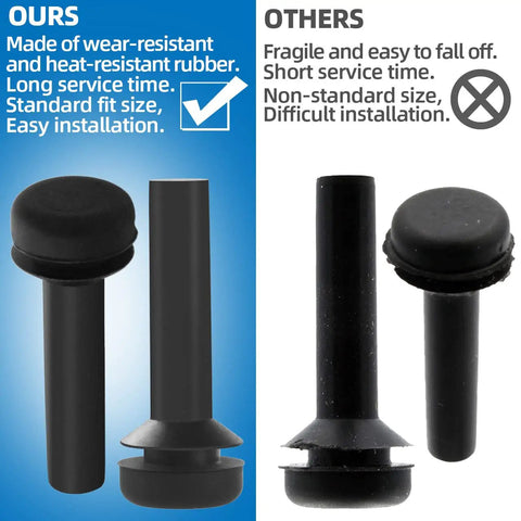 Comparison of Grate Rubber Feet Replacement for Gas Stove Burners: high quality, heat resistant on left; inferior on right.