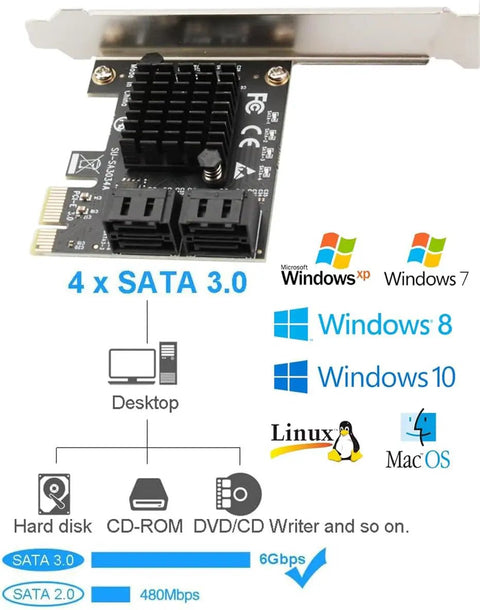Four Port PCIe SATA Controller Card With Cables, Low Profile Bracket, Non Raid, Bootable System Disk Support, Add Four 6Gbps SATA 3.0 Drives To Your PC, Easy Upgrade For Extra Storage And Seamless Performance; 4-port card