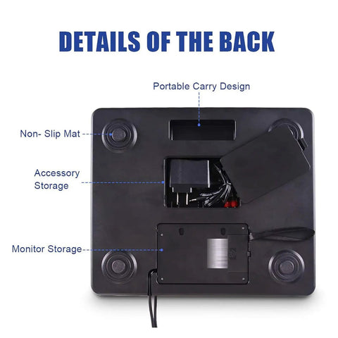 Heavy Duty Digital Shipping Scale With Durable Stainless Steel Deck And Rock Solid 396 Pound Capacity Legit High Accuracy Timer Hold And Tare Functions back view showing accessory storage and non-slip mat.
