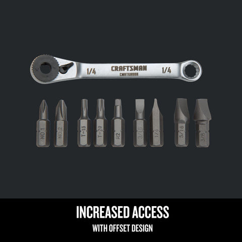 Ratcheting Offset Screwdriver Set 10 Piece Multi Bit Kit With Black Oxidized Bits For Rust Resistance Built For Tight Spaces And Hard To Reach Fasteners Durable Construction And Lifetime Warranty