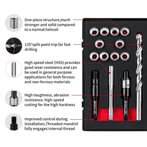 SENNMONN M10x1.25 thread repair kit with 10 stainless inserts, HSS drill, tap, counterbore and installer in case