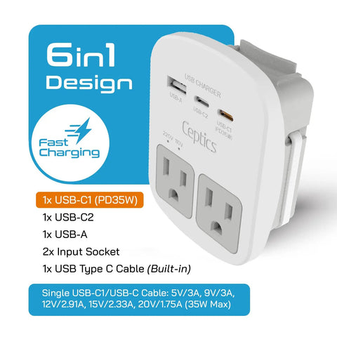 Must-Have World Travel Universal Power Adapter Kit With 2 USA Outlets, USB-A, USB-C, PD 35W USB-C Port, side view.