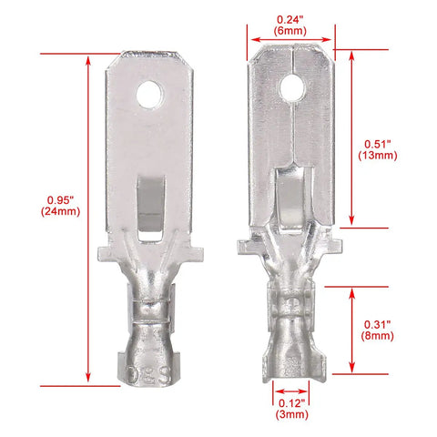Heavy Duty Quarter-Inch Male Spade Terminals Tin-Plated Copper Quick Splice Crimp Connectors For 18-16 AWG Wire dimensions