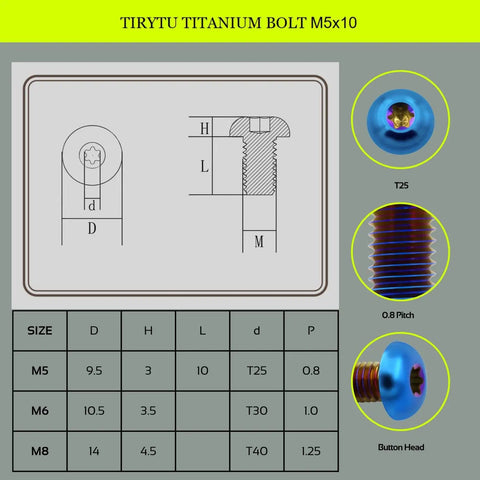 Diagram and close-ups of Titanium M5x10 Bolts 12 Pack Burnt Blue PVD Coated T25 Screws For Bike Disc Brakes And MTB Maintenance