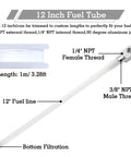 12 Inch Marine Fuel Tank Pickup Tube With 0.31 Inch Check Valve And Strainer, shown with thread dimensions and filtration detail