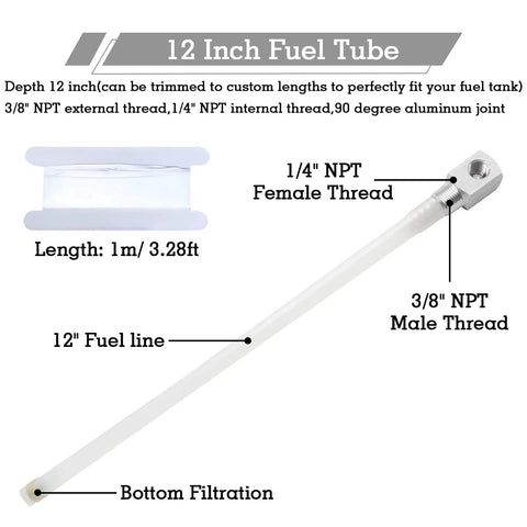 12 Inch Marine Fuel Tank Pickup Tube With 0.31 Inch Check Valve And Strainer, shown with thread dimensions and filtration detail
