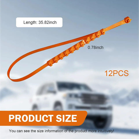 Solid Hella Grip Twelve Piece Car Snow Tire Chains with Spiral Anti Skid Traction Straps, 35.82 inch in bright orange.