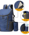 Ultralight Foldable Backpack For Hiking And Cycling Portable Travel Rucksack With Wide Main Compartment Multiple Pockets Water Resistant Nylon Bag For Outdoor Adventure Black with zipper, net, and cup bags.