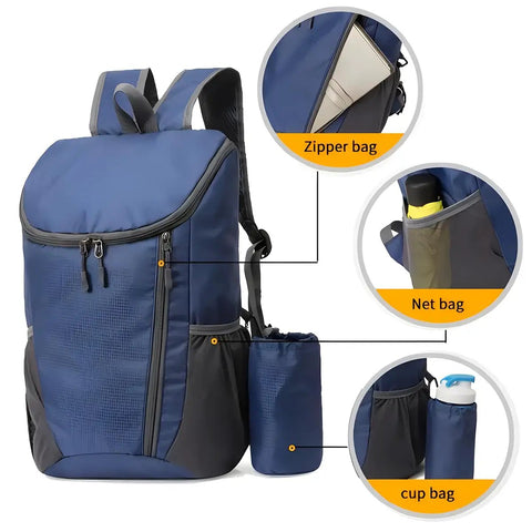 Ultralight Foldable Backpack For Hiking And Cycling Portable Travel Rucksack With Wide Main Compartment Multiple Pockets Water Resistant Nylon Bag For Outdoor Adventure Black with zipper, net, and cup bags.