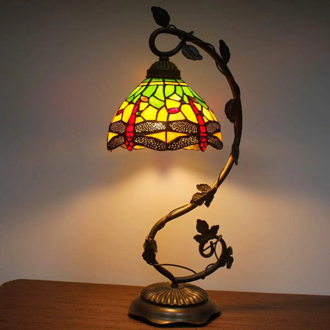 Dragonfly Stained Glass Tiffany Style Table Lamp With Green And Yellow Glass Metal Leaf Base Eight By Ten By Twenty One Inches Desk Lamp
