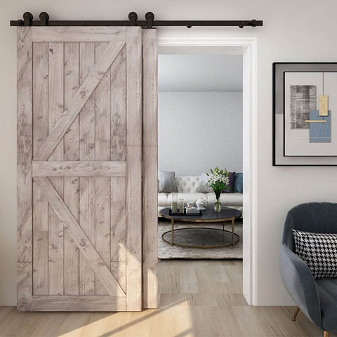 5.5 Foot Bypass Barn Door Hardware Kit For 33 Inch Double Doors, wood doors installed with T shape hangers in living room