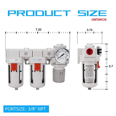 Three Eighth Inch NPT Air Drying System With Dual Five Micron Brass Filters And Regulator, Semi Auto Drain, Poly Bowl dimensions