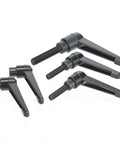 Grip It Tight Adjustable Clamping Lever With Quick Release Push Button Ratchet High Carbon Steel Thumbscrews For Male And Female Threads No Sweat Precision Tool Kit Black set of four levers with threaded rods.