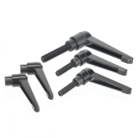 Grip It Tight Adjustable Clamping Lever With Quick Release Push Button Ratchet High Carbon Steel Thumbscrews For Male And Female Threads No Sweat Precision Tool Kit Black set of four levers with threaded rods.