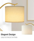 Arched LED Floor Lamp With Linen Shade And Double Layer Lampshade, Tall Modern Standing Light With E26 Socket And Footswitch in gold