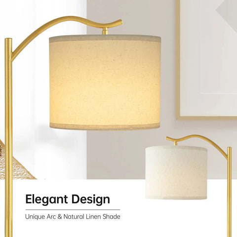 Arched LED Floor Lamp With Linen Shade And Double Layer Lampshade, Tall Modern Standing Light With E26 Socket And Footswitch in gold