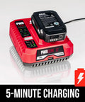 Badass Brushless 12 Volt Reciprocating Saw Kit With Quick Charge Battery charging on a PWRCORE dock with LED indicators.