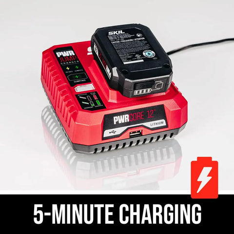 Badass Brushless 12 Volt Reciprocating Saw Kit With Quick Charge Battery charging on a PWRCORE dock with LED indicators.