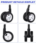 Four Pack White Twin Swivel Caster Kit For Baby Walker Replacement Wheels Runs Slick On Any Floor Premium Built Zero Fuss Easy Swap Stroller Parts in multiple angles.