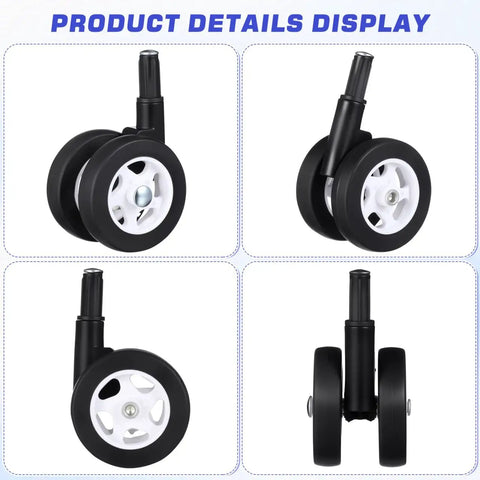 Four Pack White Twin Swivel Caster Kit For Baby Walker Replacement Wheels Runs Slick On Any Floor Premium Built Zero Fuss Easy Swap Stroller Parts in multiple angles.
