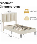 Twin Size Bed Frame Featuring Extra Thick Velvet Upholstered Headboard And Heavy Duty Hardwood Slats Pale Beige Platform Mattress Base dimensions diagram.
