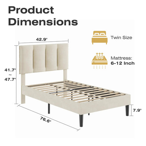 Twin Size Bed Frame Featuring Extra Thick Velvet Upholstered Headboard And Heavy Duty Hardwood Slats Pale Beige Platform Mattress Base dimensions diagram.