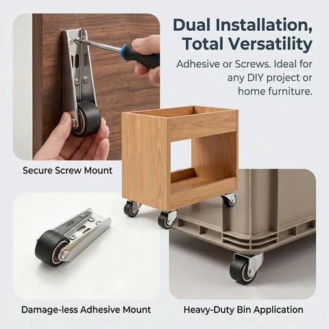 Zero Drama Heavy Duty Vertical Track Roller Wheels Slide Doors Smooth As Butter For Barn Cabinets Drawers And Heavy Gates Premium Alloy Steel Core With Ultra Quiet Soft Rubber Casters Fast Install 4 PCS Set featuring installations on furniture and secure mounts.