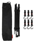 Portable Aluminum Camping Storage Hook Rack with six hooks, foldable tripod design, lightweight durable aluminum alloy bracket.