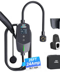 Rock Solid Level 2 Electric Vehicle Charger For Tesla Compatibility featuring 25 foot cable, NEMA 14-30 plug, and adjustable 24 amp output.