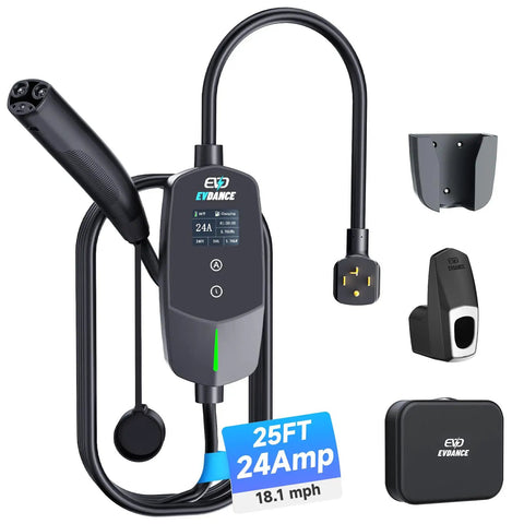 Rock Solid Level 2 Electric Vehicle Charger For Tesla Compatibility featuring 25 foot cable, NEMA 14-30 plug, and adjustable 24 amp output.