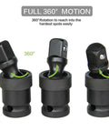 Swivel Impact Socket Set Four Piece With 360 Degree Universal Joint Adapter showing full motion capability.