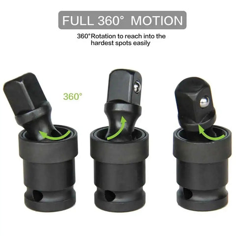 Swivel Impact Socket Set Four Piece With 360 Degree Universal Joint Adapter showing full motion capability.