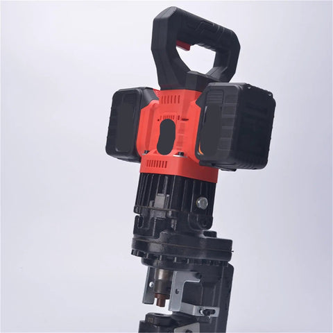 Portable Rechargeable Hydraulic Crimping Tool With Smart Battery Power Efficient Dual Motor Design, black and red, used for steel applications.