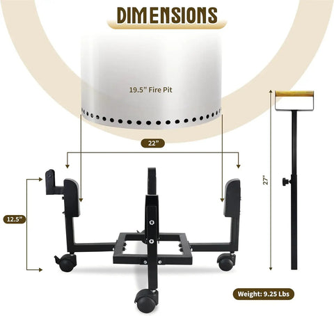 Beefy Rolling Stand With Telescopic Handle For 19.5 Inch Smokeless Fire Pits dimensions diagram and stand detail, 22 inch base.
