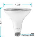 Hella Bright PAR38 LED Outdoor Flood Light Bulbs for Patio and Yard, 120W Equivalent, shown with dimensions and E26 base
