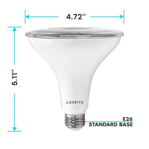 Hella Bright PAR38 LED Outdoor Flood Light Bulbs for Patio and Yard, 120W Equivalent, shown with dimensions and E26 base