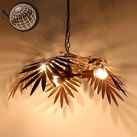 Vintage Adjustable Tropical Coconut Leaves Chandelier Rustic Tree Lamps For Living Room Dining Room Kitchen Bedroom Entryway Hallway Hanging Lighting Fixture showcasing illuminated leaves.