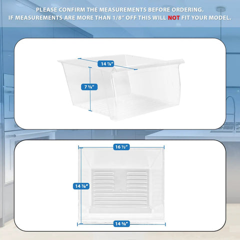Dimensions of Upper Crisper Bin Replacement For Whirlpool And Kenmore Refrigerators, No Tool Required Fridge Drawer Upgrade That Fits WP2188661 shown.