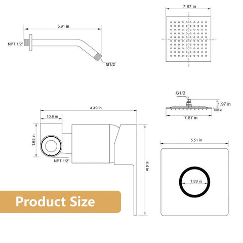 Technical drawing of 12 Inch Square Rain Shower System With 2 In 1 Handheld Showerhead Easy Install Wall Mounted Shower Faucet