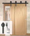 Sliding Barn Door Hardware Kit With Big Rollers Bent Hanger System For Double Doors Black Finish installed on wooden doors