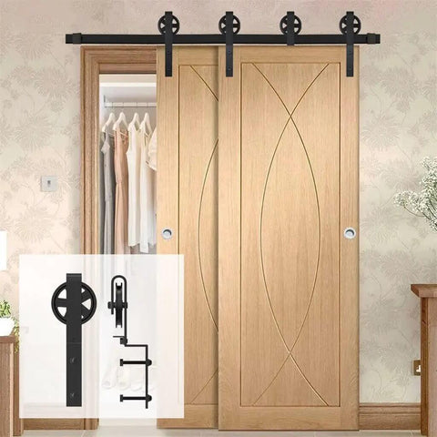 Heavy Duty Sliding Barn Door Hardware Kit With Big Rollers Bent Hanger System For Double Doors In Black Finish installed
