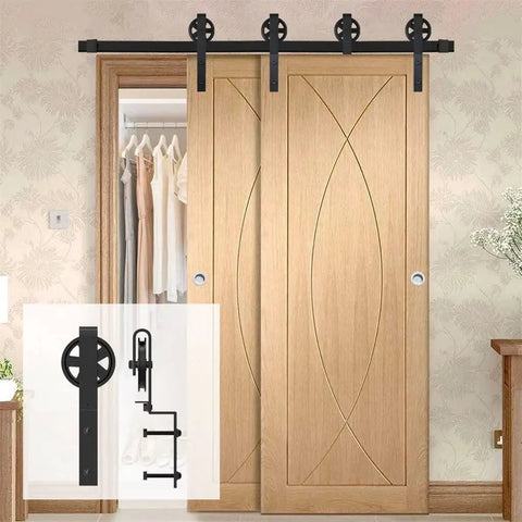 Premium Heavy-Duty Sliding Barn Door Hardware Kit With Oversized Rollers For Double Doors with black 9ft steel runners and bent track system.